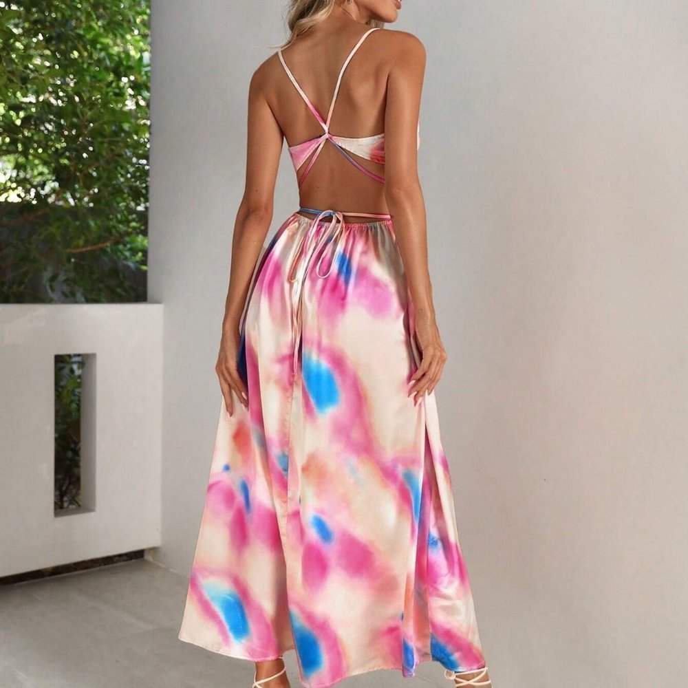 Multicolor Tie Dye Print Cut Out Waist Cami Maxi Dress - Picture 3 of 5